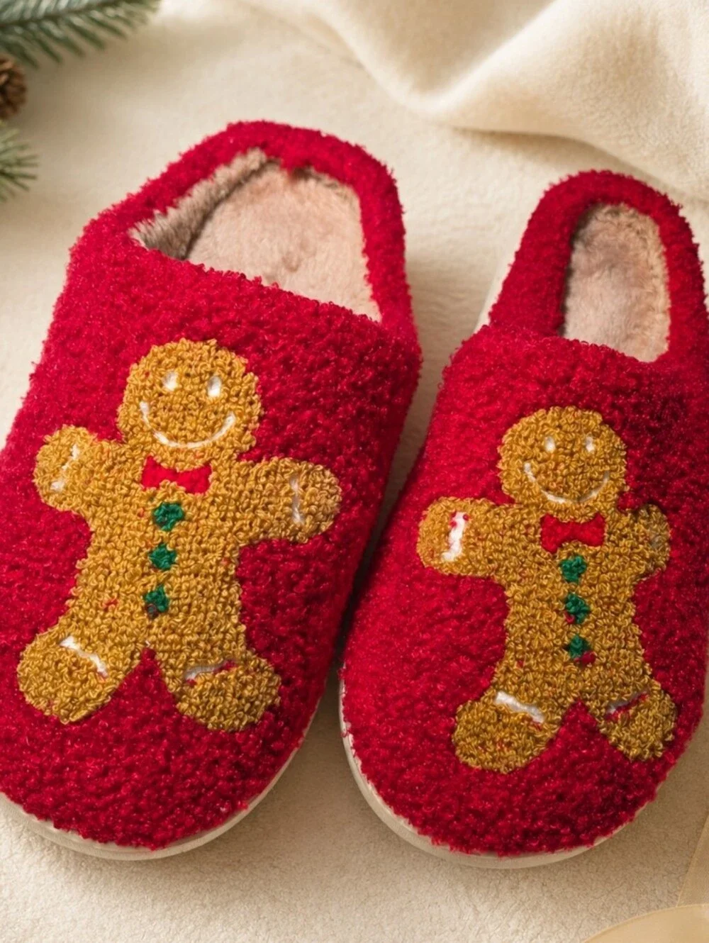 Kids Red Gingerbread Slippers - Cozy Holiday Slip-Ons